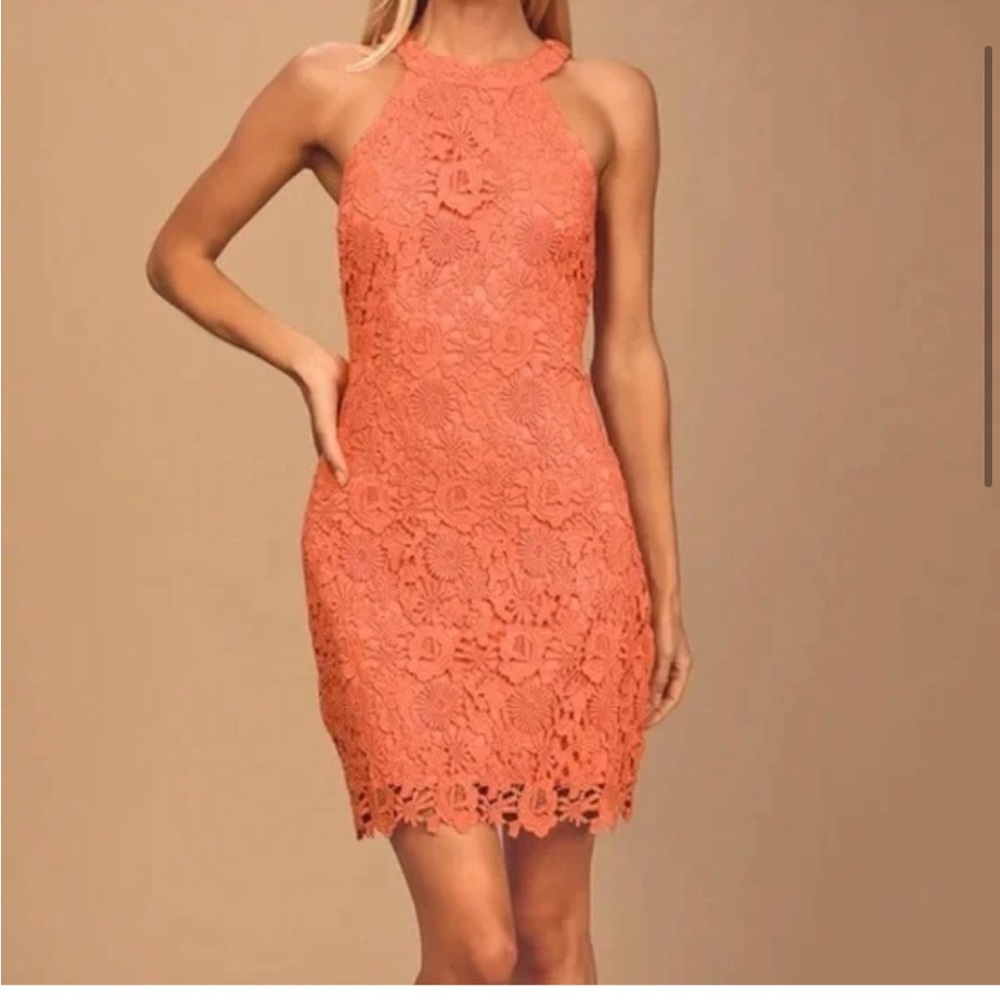 Lulus coral crochet floral dress, halter neckline, hidden back zipper
